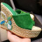 亮片花朵厚底坡跟拖鞋2016夏季新款真皮鱼嘴女凉拖鞋 绿色 39码