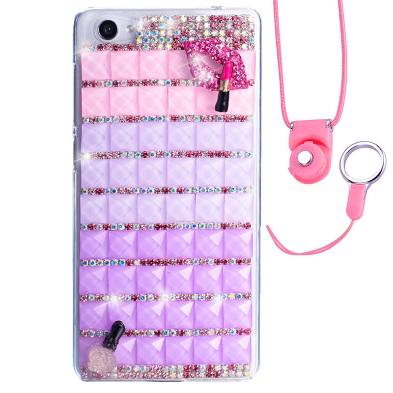 法威仕 满钻炫彩果冻水钻透明手机软壳保护套带挂绳 适用于VIVO X7plus/5.7屏 淡紫色-红唇-软壳+粉挂绳