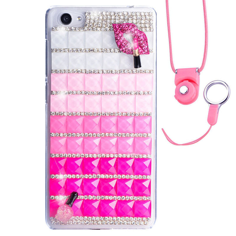 法威仕 满钻炫彩果冻水钻透明手机软壳保护套带挂绳 适用于VIVO X7plus/5.7屏 渐变玫红-红唇-软壳+粉挂绳