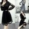 JMOORY2018春装新款蕾丝连衣裙镂空灯笼袖蕾丝裙子韩版长袖连衣裙 黑色 XXL