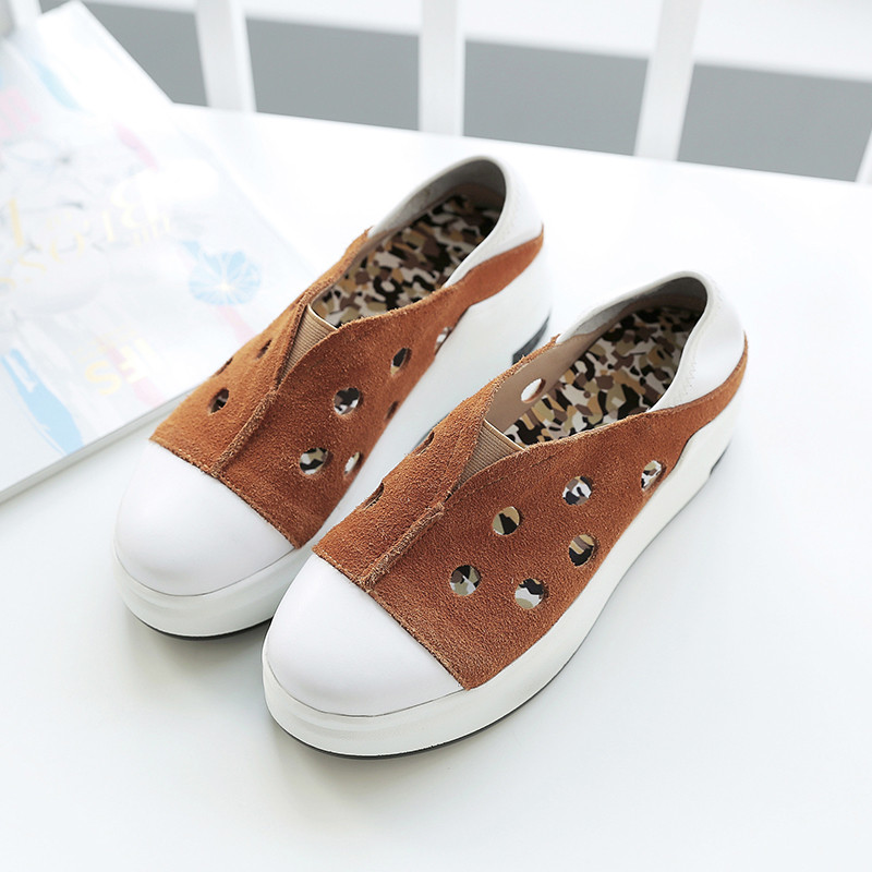 2017年春夏欧美网红同款新款里外真皮中跟女鞋休闲鞋 棕色 36码