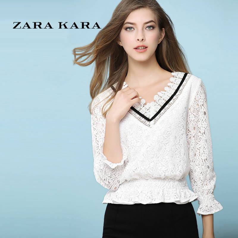 ZARA KARA喇叭袖V领镂空蕾丝衫女士长袖收腰显瘦打底衫百搭小衫2017春装 XL 白色