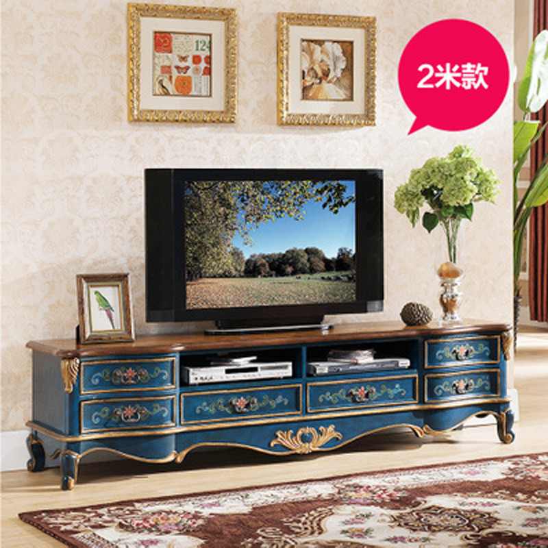 淮木（HUAIMU） 经典彩绘矮柜裂纹漆独特复古电影墙地柜 美式乡村客厅电视柜后现代 2米深蓝裂纹色