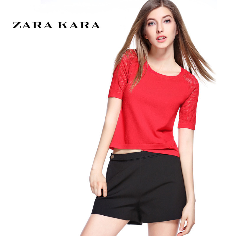 ZARA KARA下摆不规则镂空修身显瘦T恤女百搭体恤上衣小衫2017春装新款潮 S 红色