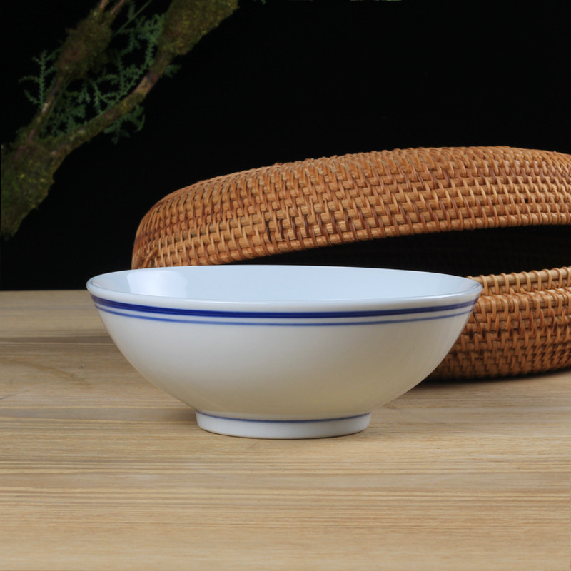 LICHEN 景德镇陶瓷蓝边碗 中白较厚釉下彩面碗 6英寸大饭碗 微波炉适用