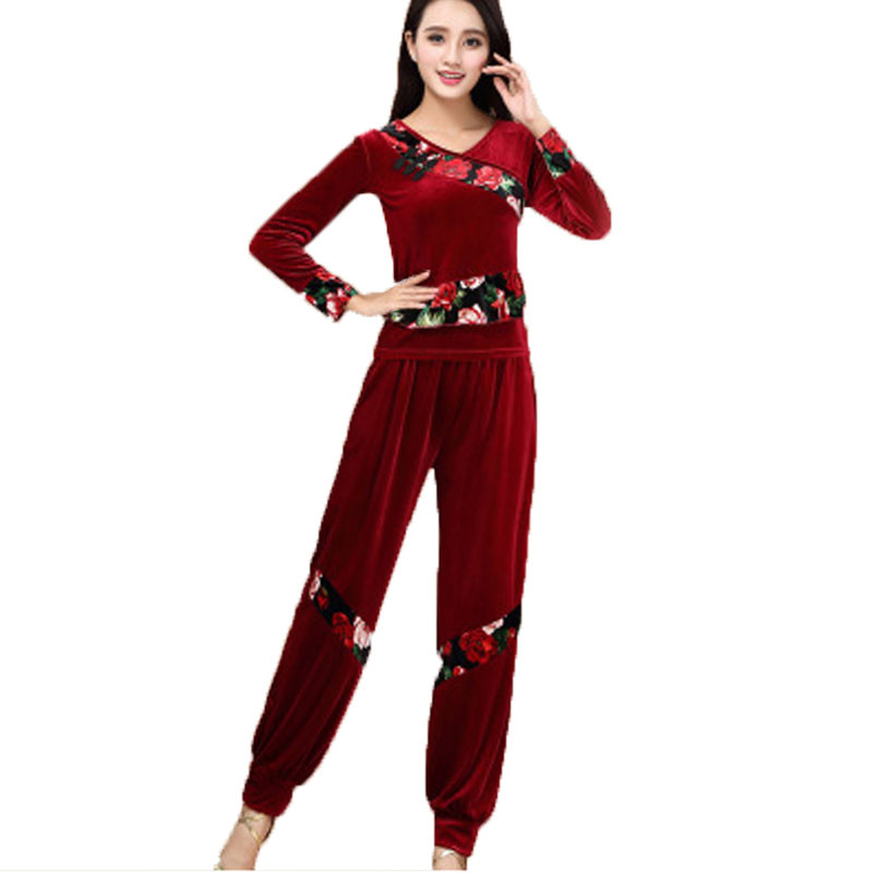 嘟嘟美倍尔 广场舞服装 套装 裙中老年舞蹈跳舞衣服演出服女4754 3XL 枣红长裤套装