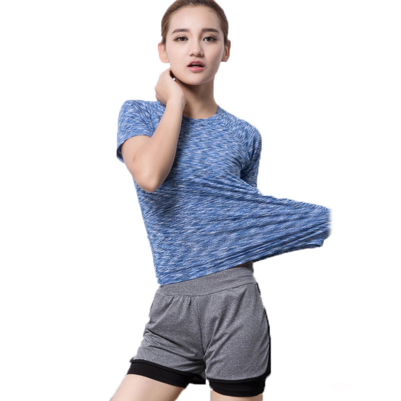 嘟嘟美倍尔 夏 瑜伽服套装女紧身运动健身弹力跑步衣服健身服套装户外运动瑜伽舞蹈 蓝短袖+七分裤