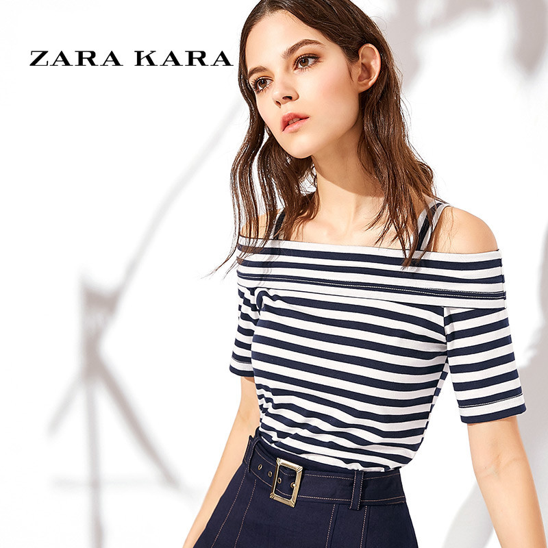 ZARA KARA短袖条纹吊带T恤女夏韩版露肩性感打底衫一字领上衣夏季新款潮 L 条纹