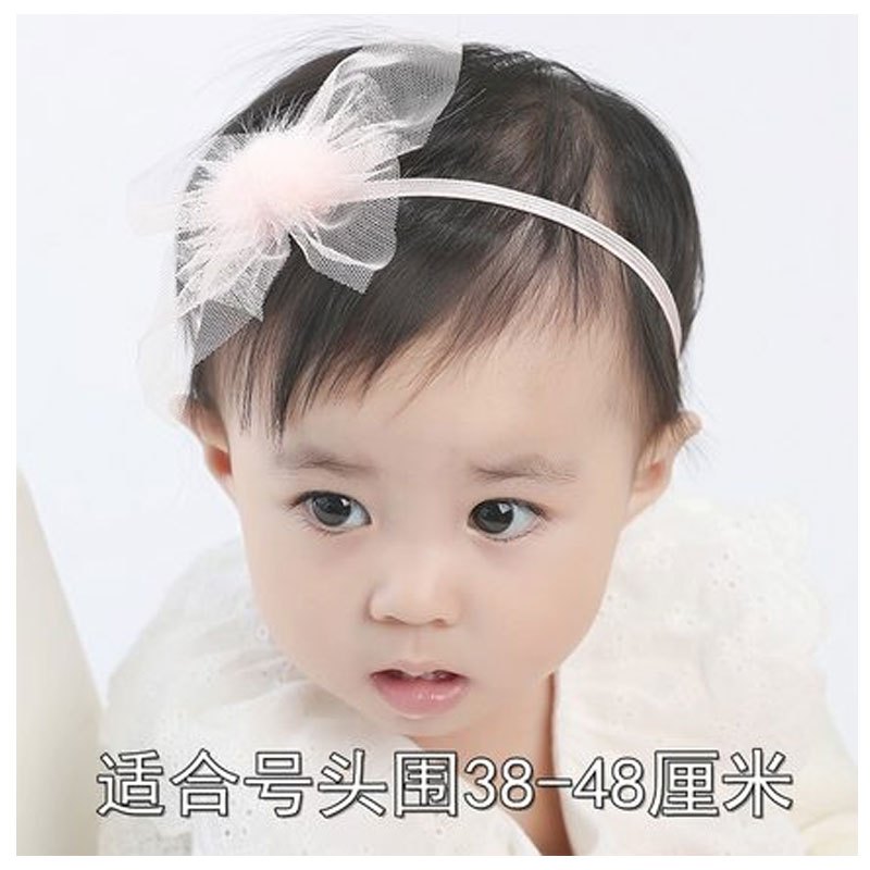 2017新品春季韩国版潮宝宝发带发饰婴儿头饰头花发卡公主饰品拍照儿童可爱发箍简约小清新圆点蝴蝶结发带 貂球粉红色纱