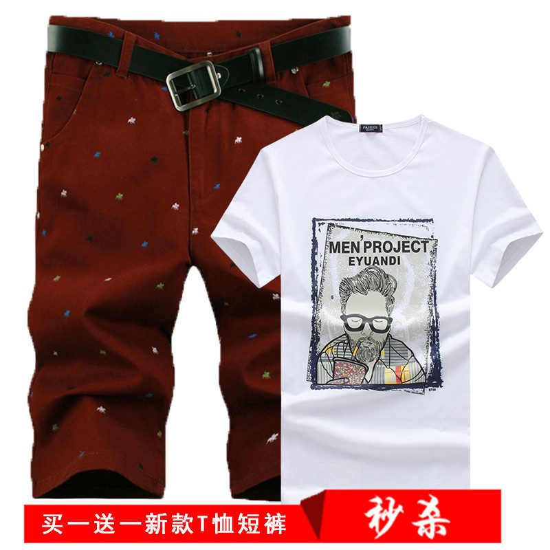 【惠】买裤送衣服201夏装新款男士短裤+莱卡T恤一套D67-3131491057681077 5XL+46 酒红裤+白衣