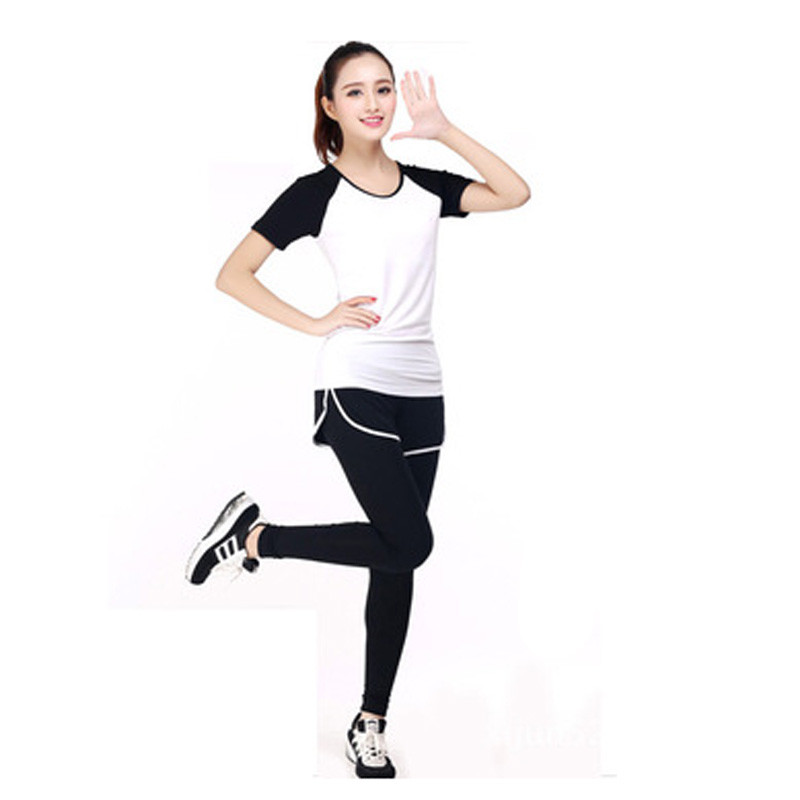 嘟嘟美倍尔 夏季款运动户外紧身短袖假两件健身瑜伽服套装瑜伽舞蹈 白色