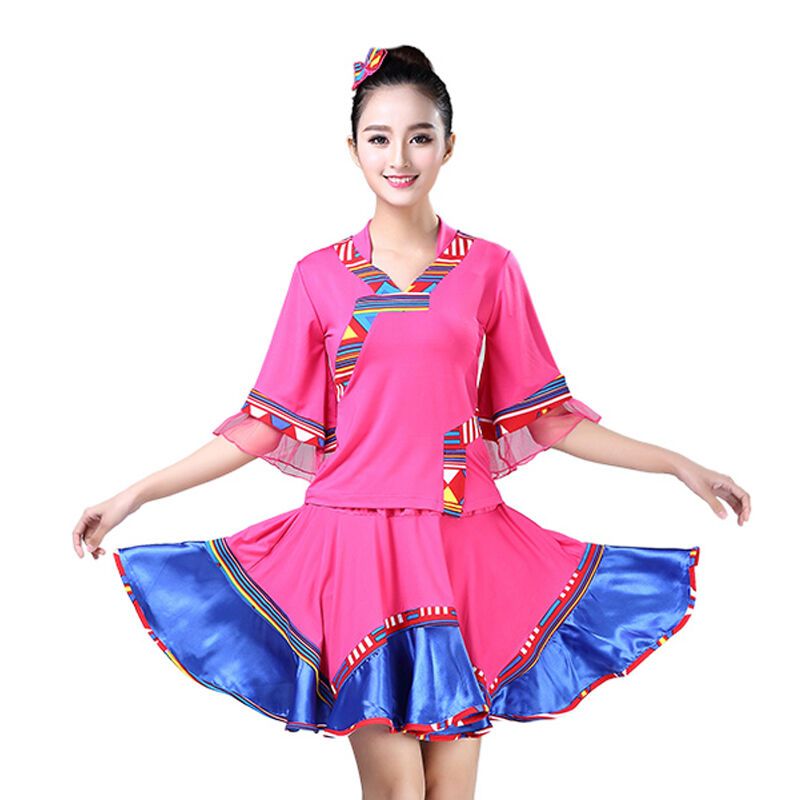 嘟嘟美倍尔 广场舞服装套装 夏季中老年民族风裙子舞蹈服半袖上衣表演服 玫红色裙款