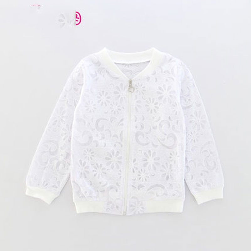 儿童夏款烧花镂空女童皮服衣2017年春季上新款女孩薄款开衫外套上衣空调开衫韩版圆领拉链衫公主夏季薄款外套 110cm(衣标110参考身高110CM) 镂空花朵防晒衣白色