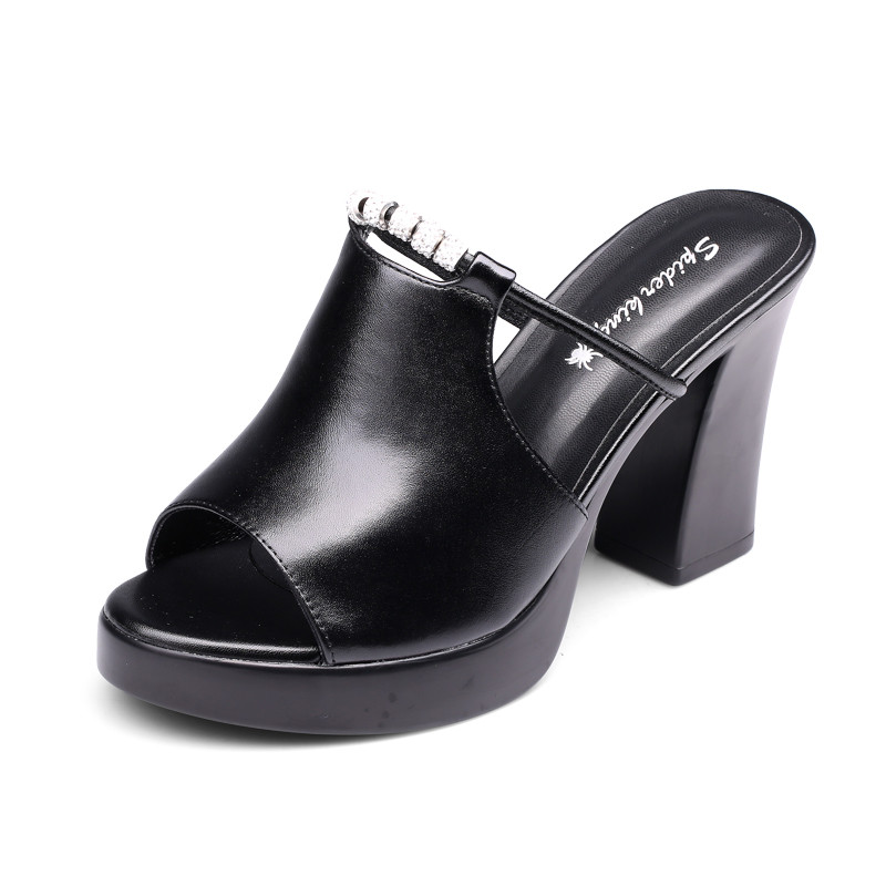 蜘蛛王女鞋正品2017夏季新款真皮一字型拖鞋休闲高粗跟女凉鞋透气 黑色 37