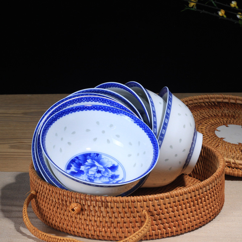 LICHEN 景德镇青花玲珑陶瓷碗 釉中彩陶瓷器饭碗 牡丹花 5英寸饭碗 微波炉适用
