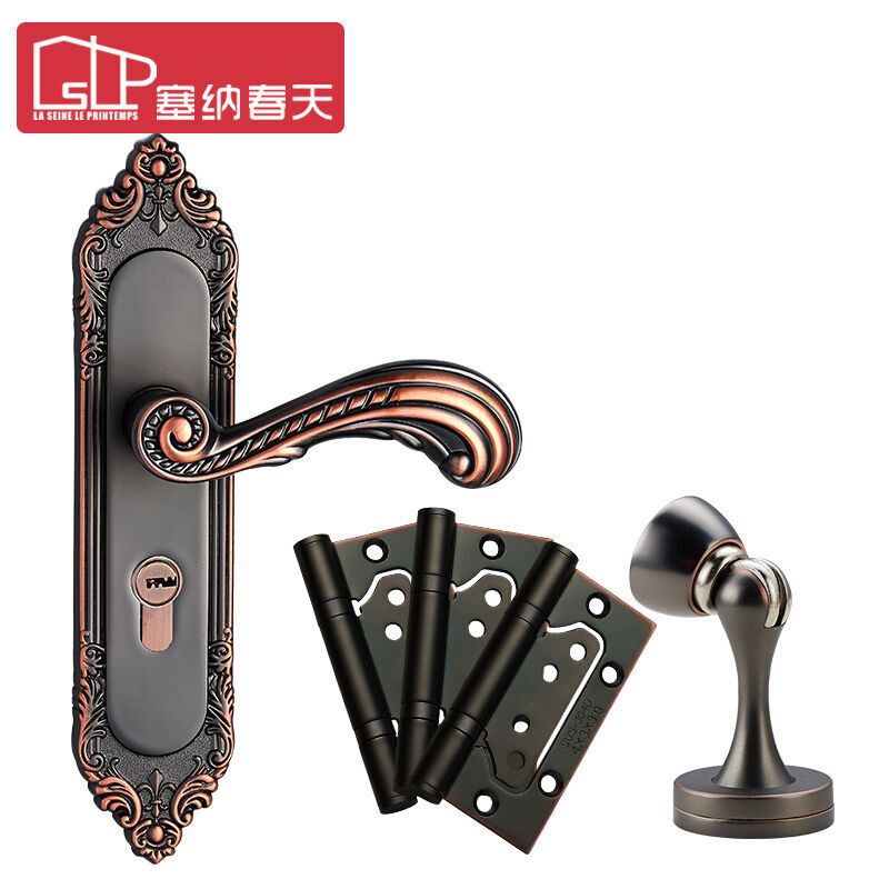 塞纳春天门锁 欧式静音卧室门锁 房门锁 通用型 C款黑红古1把+子母合页红古3片+993红古门吸