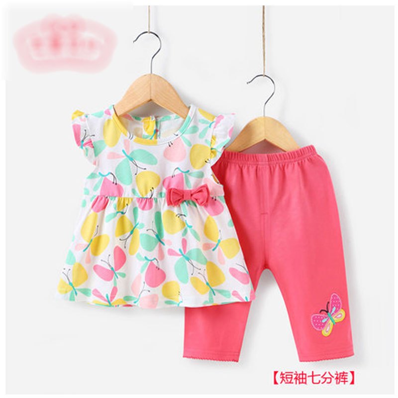 女童套装夏1-3童装儿童短袖短裤婴儿衣服小童夏季2一岁宝宝夏装女2017新品可爱卡通简约休闲套装夏天 80cm 白底蝴蝶花（JT62064