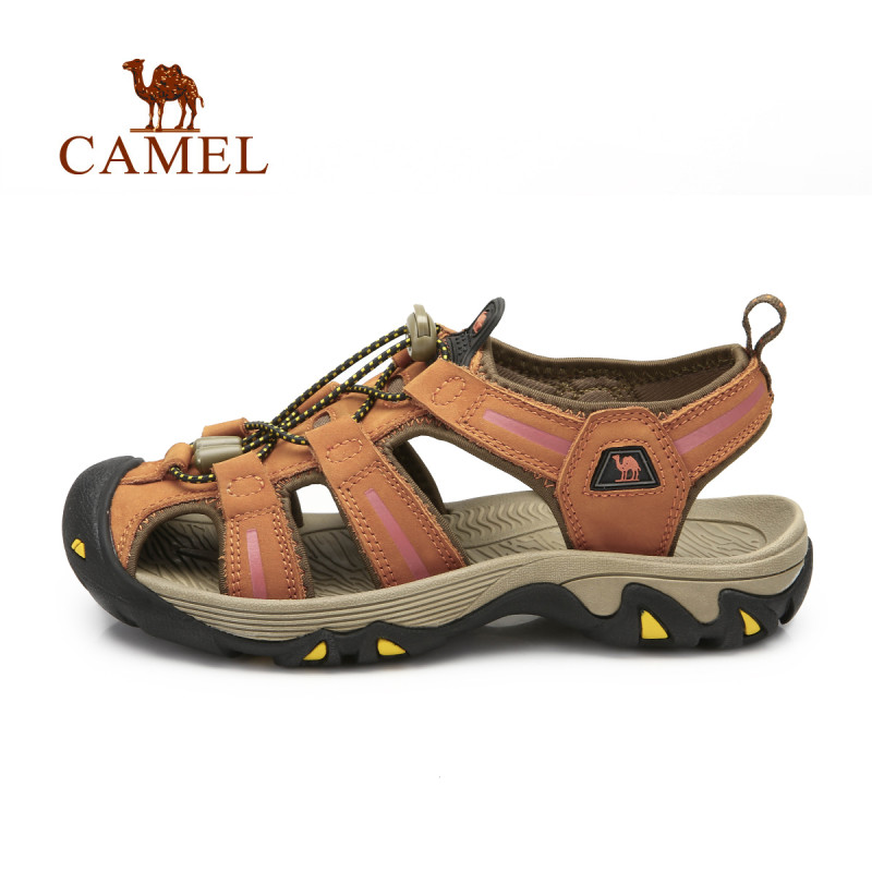 CAMEL骆驼户外 春夏情侣款牛皮防撞耐磨沙滩凉鞋 A93309605，橘红，女款 36码