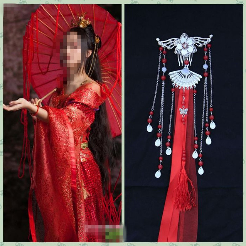 彩麗館古风装COS汉服配饰品头饰流苏飘带日常发饰流苏后大夹 发簪子女送女朋友老婆生日礼物 白色
