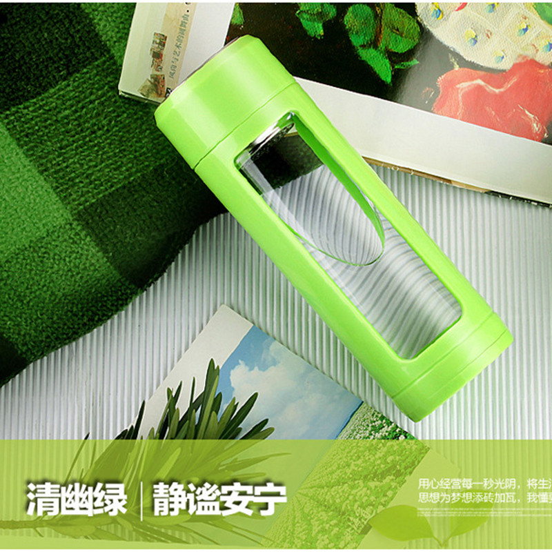 乐叮叮品牌简约高硼硅单层玻璃杯防摔环保隔热圆柱形玻璃杯定制礼品水杯320水具水杯 塑玻幽静绿