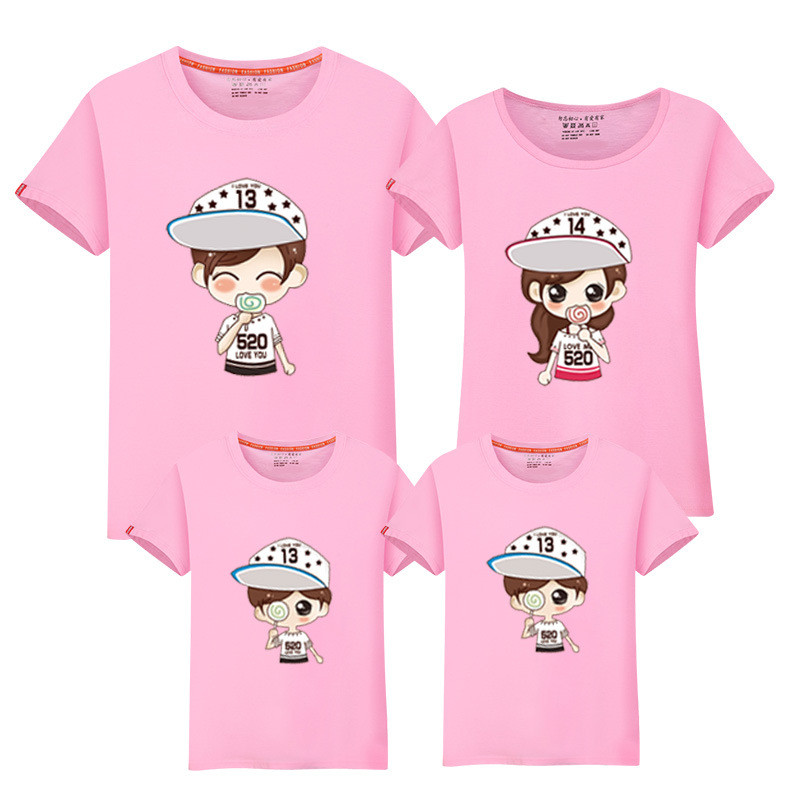 夏季2018新款卡通家庭装 时尚短袖T恤亲子装 一家三口亲子装LD10058 水粉色 妈妈2XL/175（适合身高175-180cm)