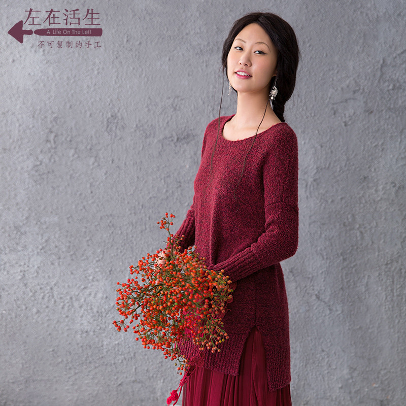 生活在左秋冬 羊毛套头毛衣 女修身针织上衣 L 酒红色