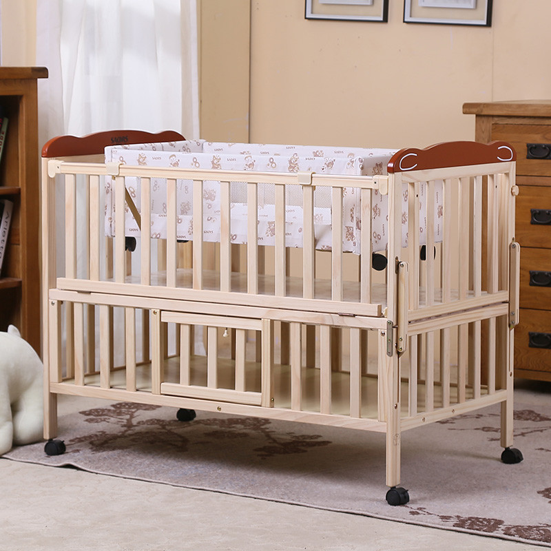 小硕士(SAORS)新西兰松木婴儿床可摇带储物板蚊帐无漆高度可调婴儿床