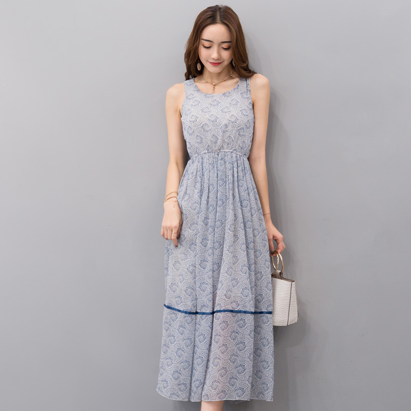 丝柏舍2018夏季新款女装气质圆领吊带收腰中长款连衣裙S72R0507 蓝色 XL
