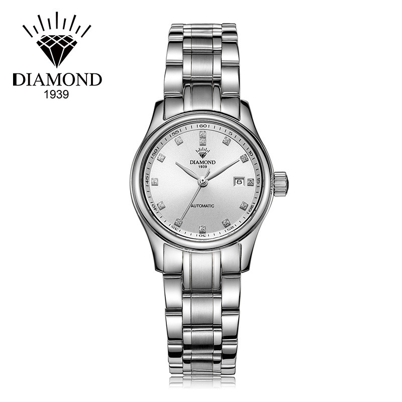 上海钻石牌（DIAMOND）自动机械表女表镶钻日历防水精钢8040上海钻石手表女白面白钢带