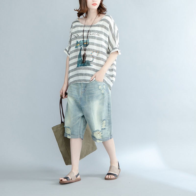 初逊 2017夏装新品文艺大码女装条纹衬衣