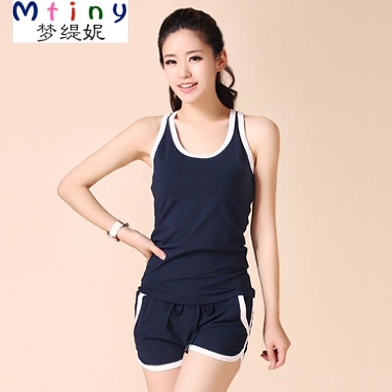 Mtiny夏天无袖运动套装女夏季跑步服短款健身房纯棉两件套休闲背心短裤 XXXL纯棉141-155斤 丈青重点推荐