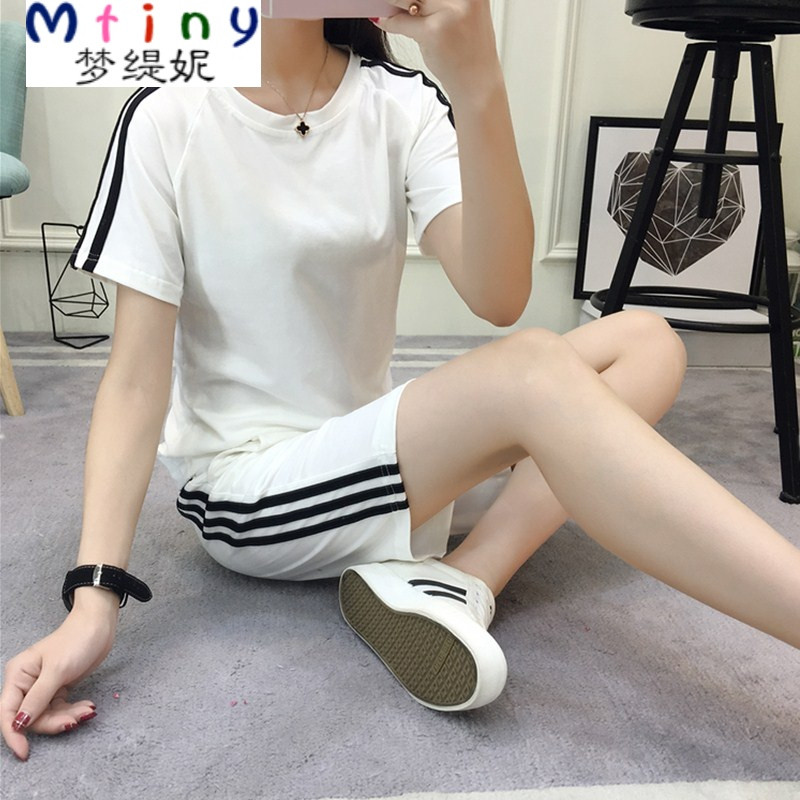 Mtiny纯棉运动套装女夏新款学生短袖短裤跑步服宽松休闲时尚两件套 XL【128-138斤】 白色510三条杠纯棉现货