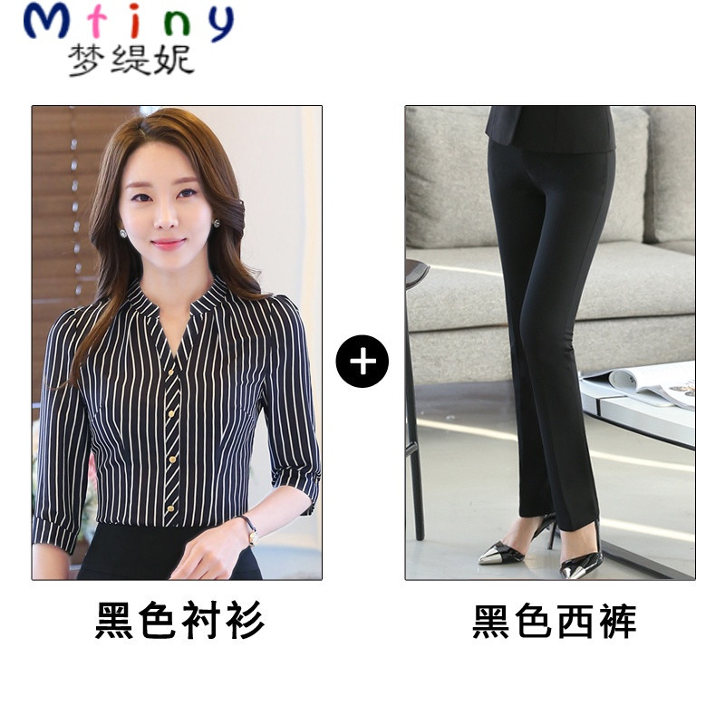 Mtiny夏季OL职业装女装套装裙夏装女士正装工作服条纹短袖衬衫套裙工装 L 黑条纹衬衫+裤