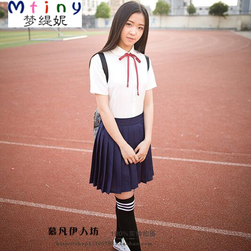 Mtiny日系学生夏季日韩班服校服套装JK制服百褶裙学院风短袖衬衫水手服 L 短袖雪纺上衣+藏青蓝裙+全黑袜