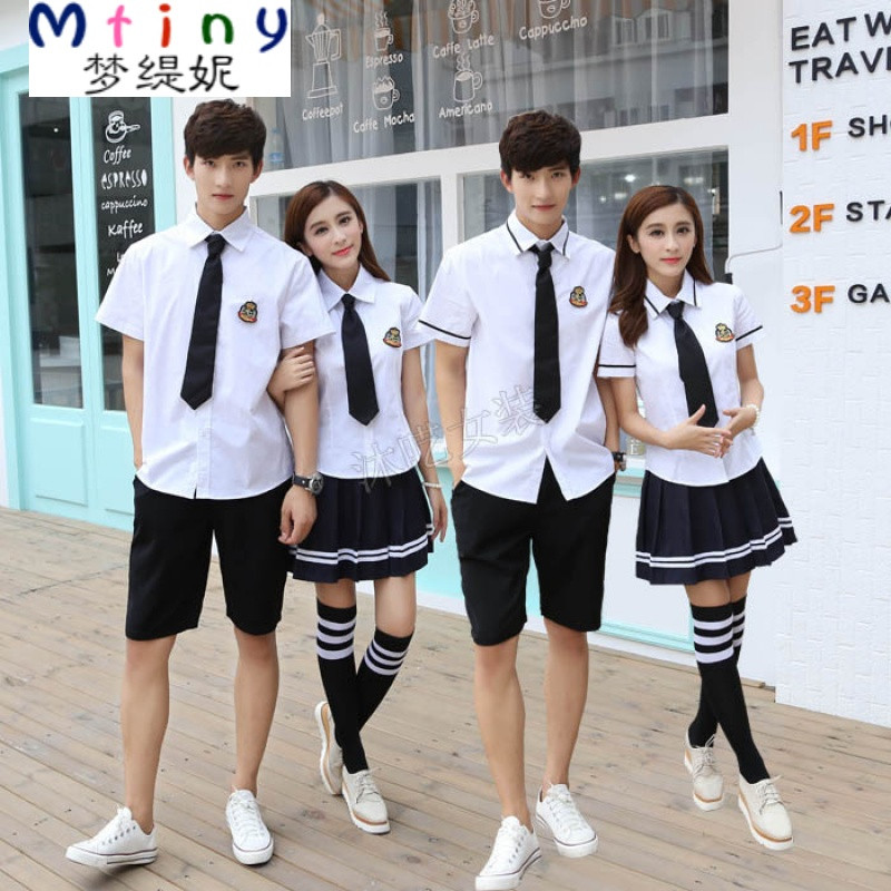 Mtiny毕业照服装学生装高中毕业季班服学院风高三大学生校服套装白衬衫 XXL 女衬衣短袖黑边