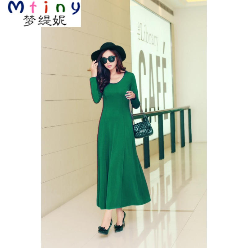 Mtiny【天天特价】夏季欧美风短袖大摆裙沙滩长裙圆领背心气质连衣裙女_9_3_5 M 绿色长袖