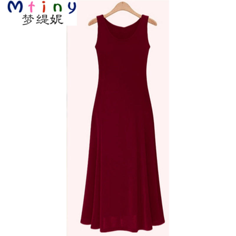 Mtiny【天天特价】夏季时尚新款连衣裙修身显瘦圆领短袖高腰大摆长裙女_7_7_3 M 酒红色背心