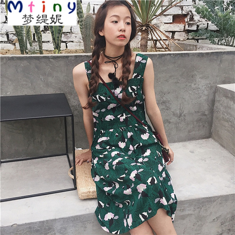 Mtiny连衣裙女夏学生学院风韩国可爱小清新复古绿色裙子中长chic背带裙