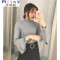 Mtiny半高领喇叭袖针织衫女套头修身薄款女chic上衣长袖学生打底衫T恤 均码 灰色