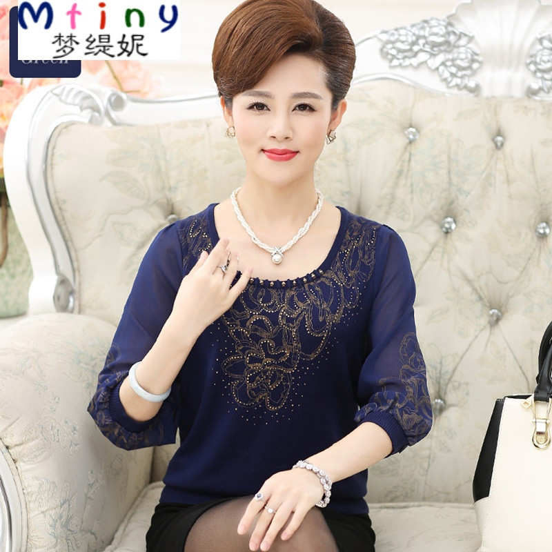 Mtiny中老年女装夏装妈妈装针织衫短袖大码T恤中年纱袖夏季40-50-60岁 L【建议100-115斤】 上青