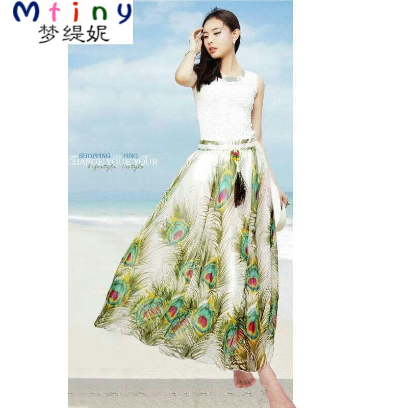 Mtiny2017春夏新款波西米亚碎花雪纺半身裙民族风长裙大摆沙滩裙仙女裙 均码收藏有礼 白底多羽毛
