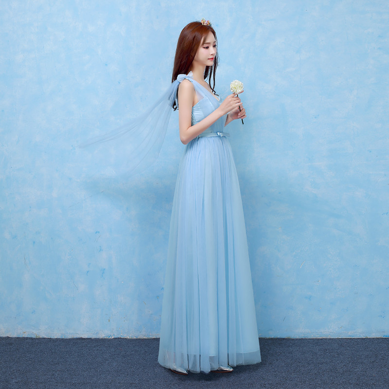 2017款】伴娘服长款中袖姐妹团礼服长裙女2017春季新款小礼服晚礼服毕业季 大码 81#天蓝色