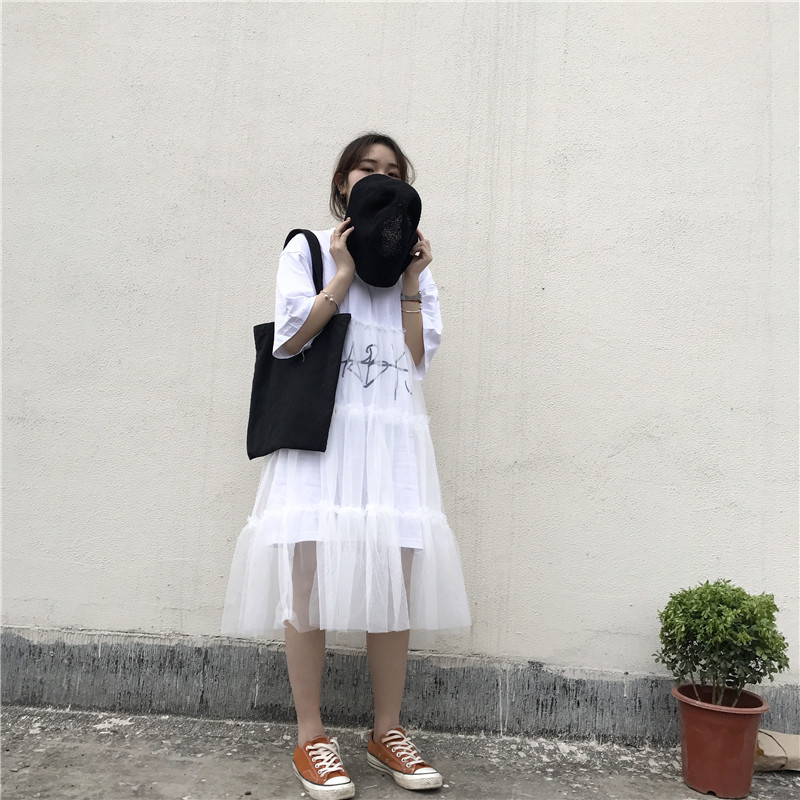 2017款】夏装新款韩版宽松显瘦印花拼接网纱短袖连衣裙女学生百搭中长裙子 均码 白色