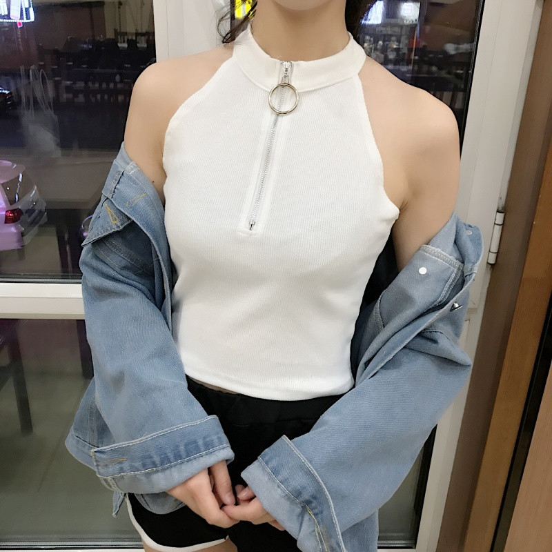 2017款】2017夏装新款性感露肩外穿露脐百搭无袖挂脖打底上衣圆环拉链背心_3 均码 白色