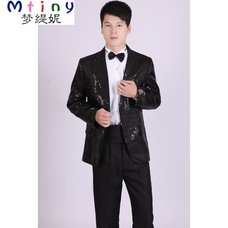 Mtiny男士礼服韩版新款演出服男装亮片西服套装合唱司仪主持人歌手服装 大号身高180体重175斤左右 黑色上衣