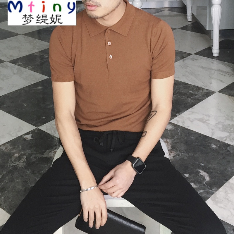 Mtiny韩国夏装简约时尚针织冰丝短袖T恤男翻领 韩版修身polo衫男短袖 M 驼色