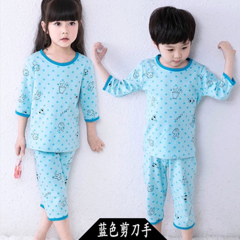 2017新品夏季儿童睡衣女男童3小孩5夏天7薄款短袖套装9周岁中大童男孩简约小清新多款多色可选 100cm 蓝色剪刀手【七分袖