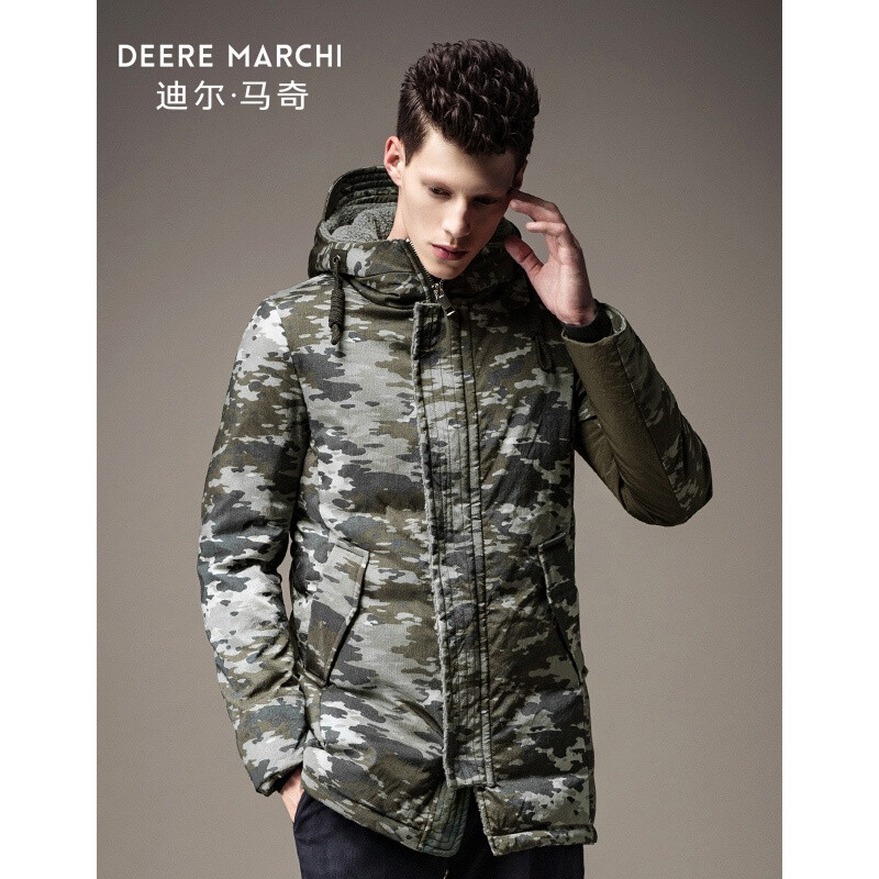 迪尔马奇冬装新款男士羽绒服迷彩连帽中长款保暖外套M13757绿色 XXL 默认颜色