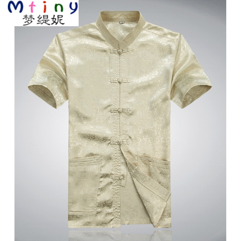 Mtiny唐装男士短袖夏季中老年汉服中年爸爸装夏装衬衫中式大码男装上衣 185 上河图短袖米色上衣