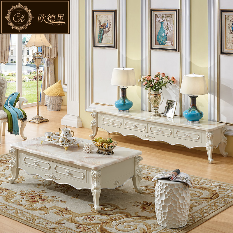 欧德里 欧式电视柜大理石面客厅简欧卧室象牙白电视机柜茶几组合 大理石电视柜2.2*0.46【汉白玉】
